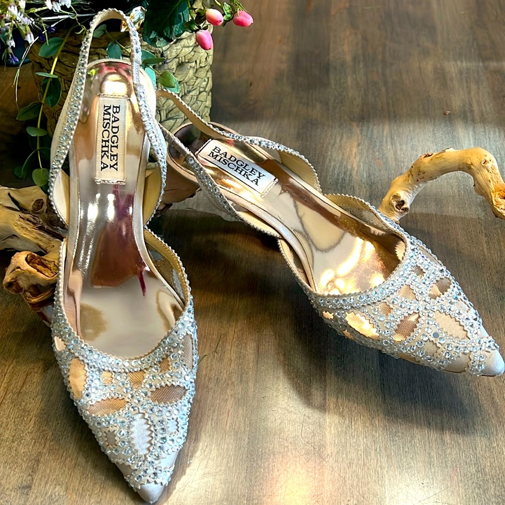 Badgley Mischka satin sling back rhinestone bridal pump
